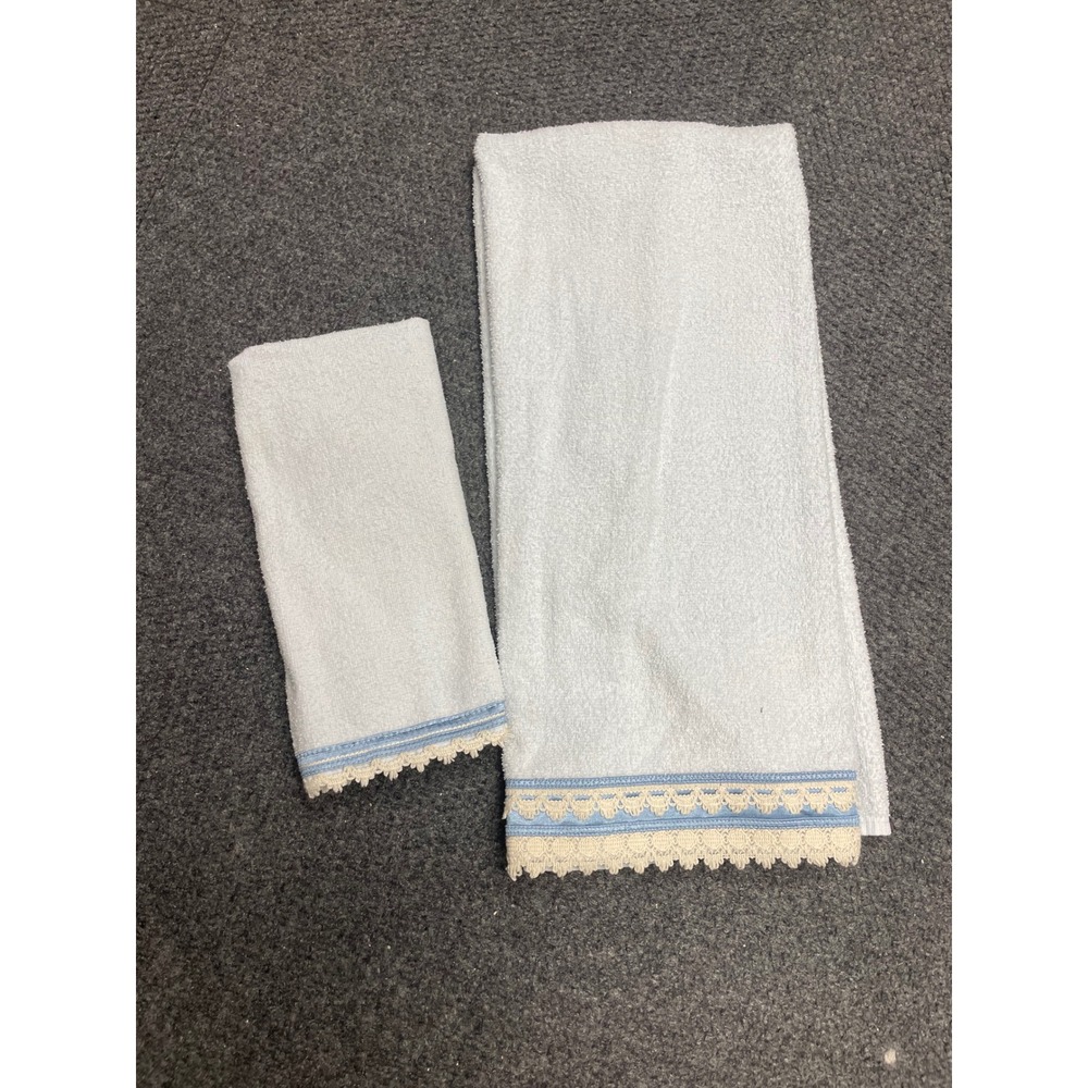 Vintage Dundee Light Blue Towel Set Crochet Lace Trim Cottagecore Guest Towels